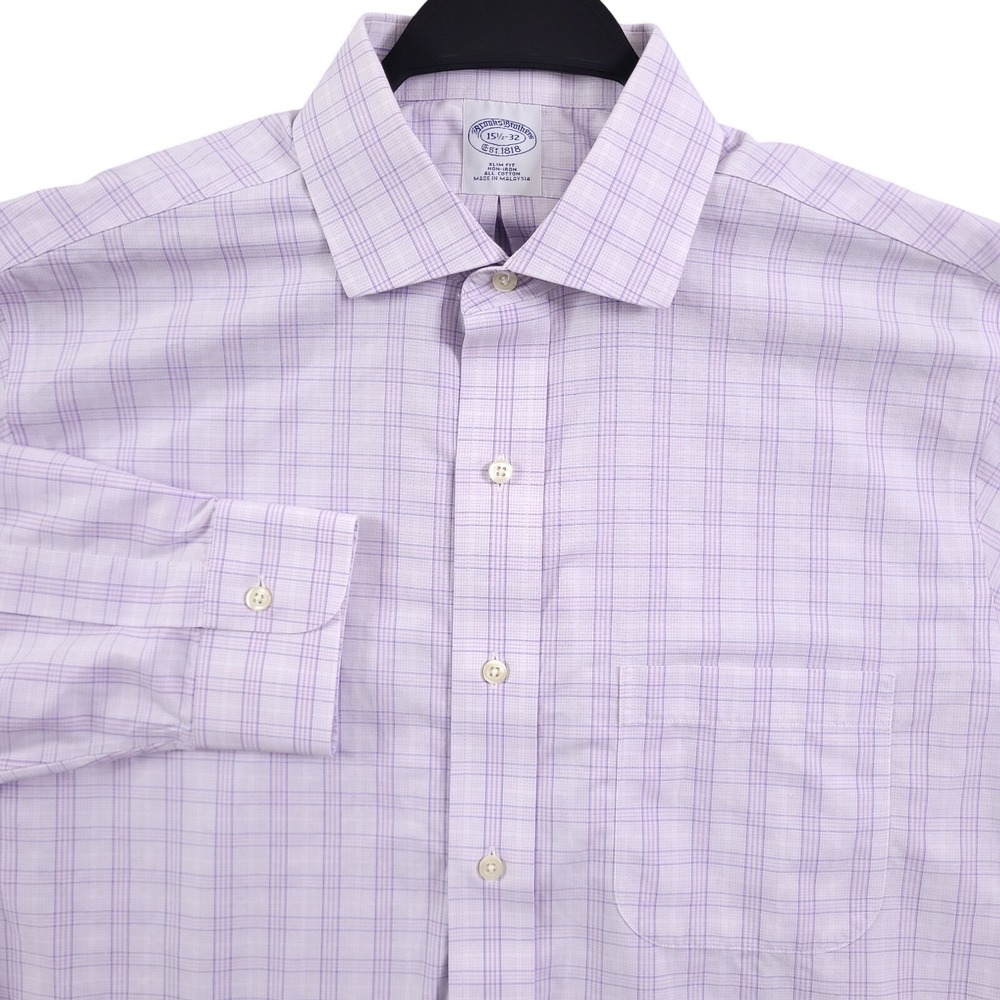 Brooks Brothers Dress Shirt Mens 15.5 32 Slim Fit Non Iron Purple Lavender Plaid